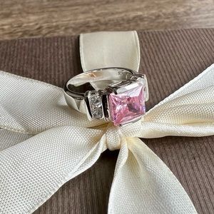 Sterling Silver 925 Engagement Ring with Large Pink Stone and  Cubic Zirconias